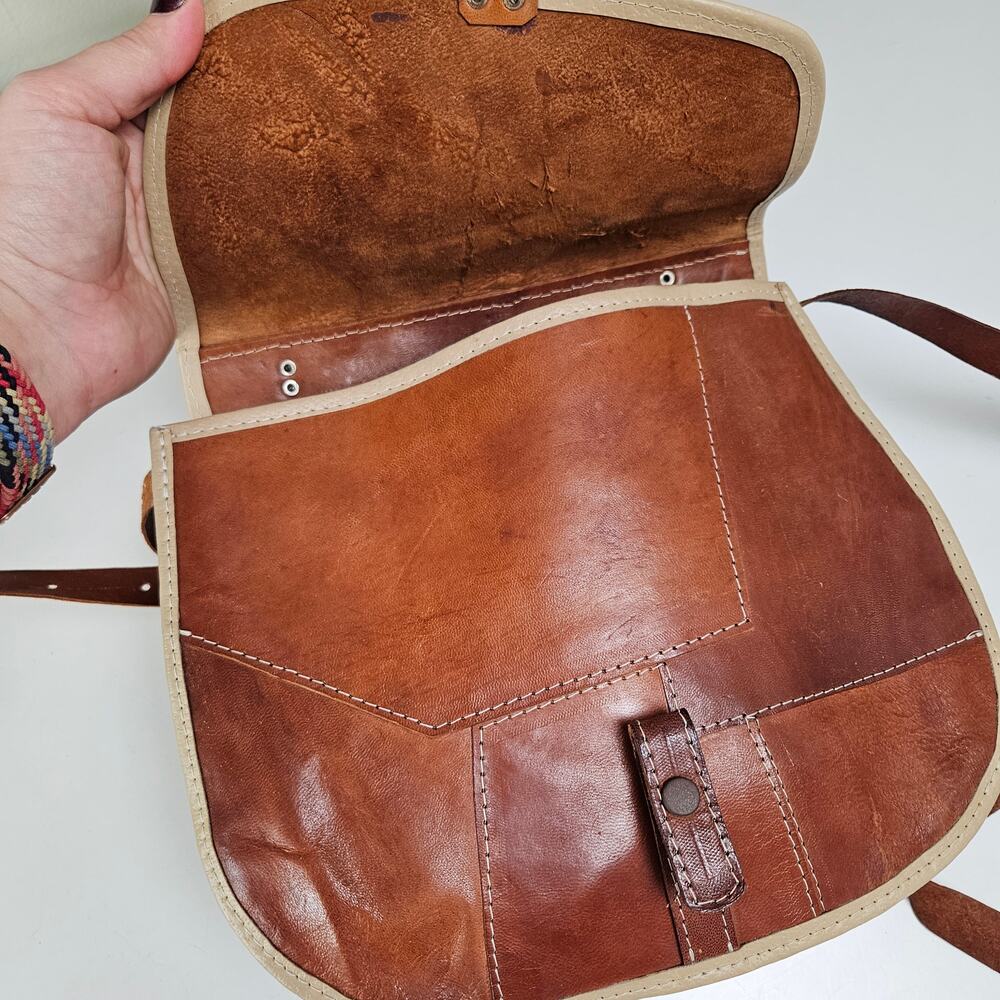 Leather Patchwork Tooled Saddle Bag Brown Cognac … - image 5